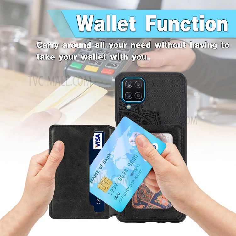 Mandala Flower Pattern PU Leather+TPU Flip Wallet Phone Case for Samsung Galaxy A12 - Black-7