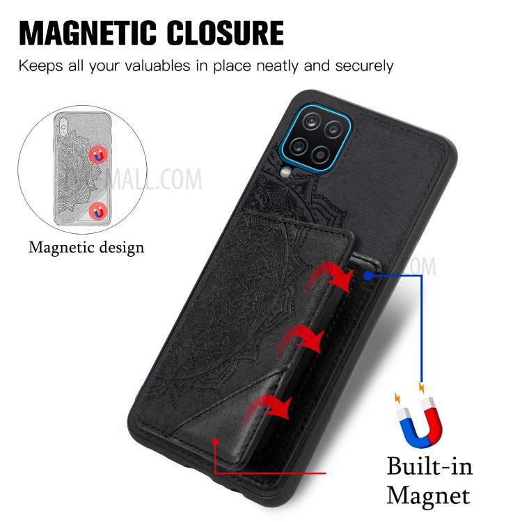 Mandala Flower Pattern PU Leather+TPU Flip Wallet Phone Case for Samsung Galaxy A12 - Black-9