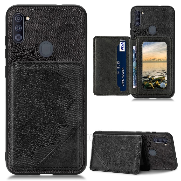 Mandala Flower Pattern PU Leather+TPU Wallet Kickstand Phone Case for Samsung Galaxy A11/M11 (EU Version) - Black-1
