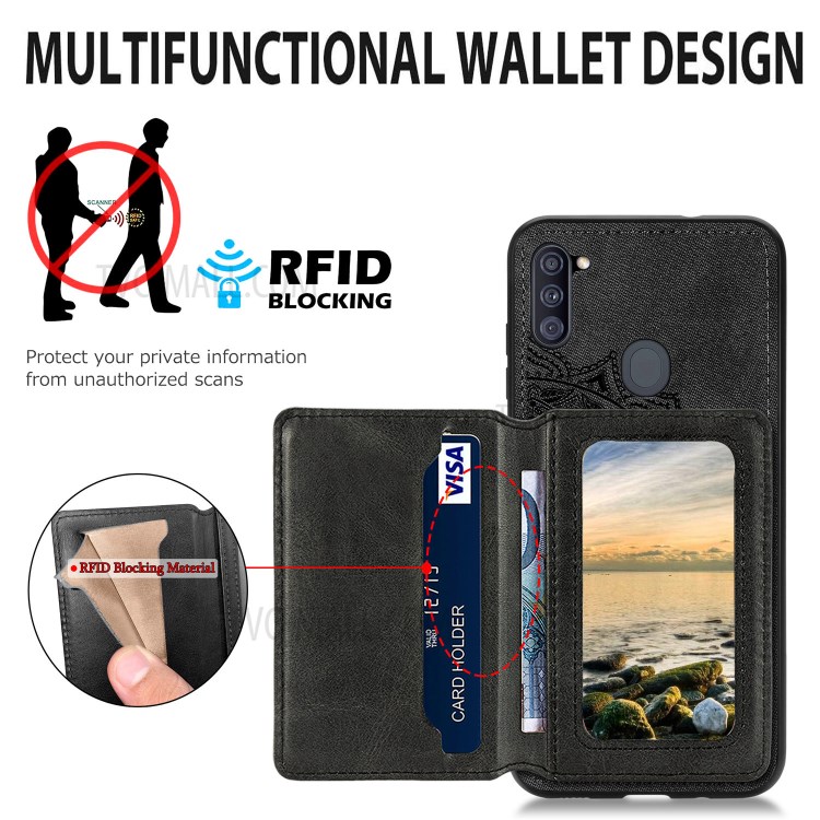 Mandala Flower Pattern PU Leather+TPU Wallet Kickstand Phone Case for Samsung Galaxy A11/M11 (EU Version) - Black-6