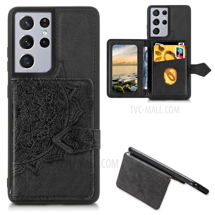 Mandala Pattern Imprinting Buckled Wallet Design PU Leather Coated TPU Phone Case for Samsung Galaxy S21 Ultra 5G - Black-1