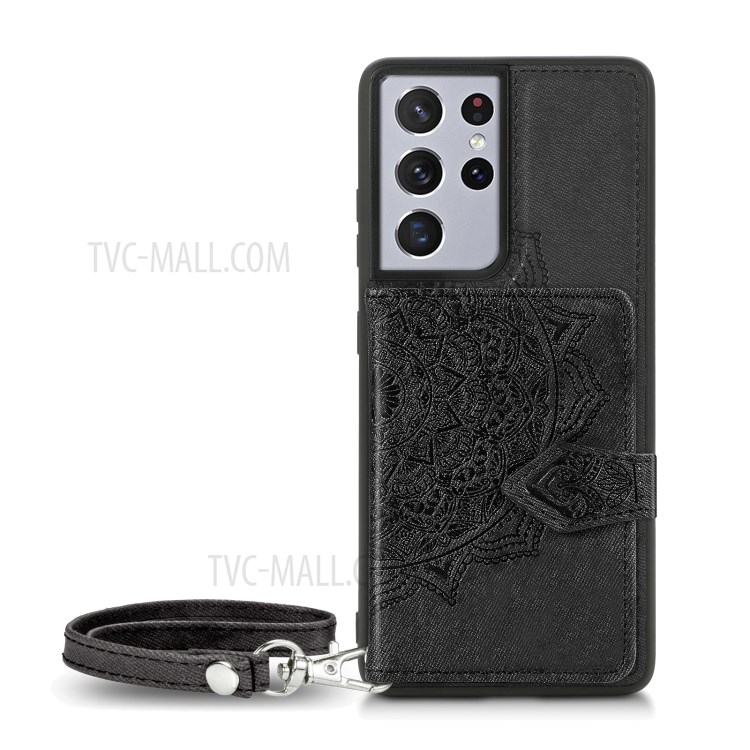 Mandala Pattern Imprinting Buckled Wallet Design PU Leather Coated TPU Phone Case for Samsung Galaxy S21 Ultra 5G - Black-2