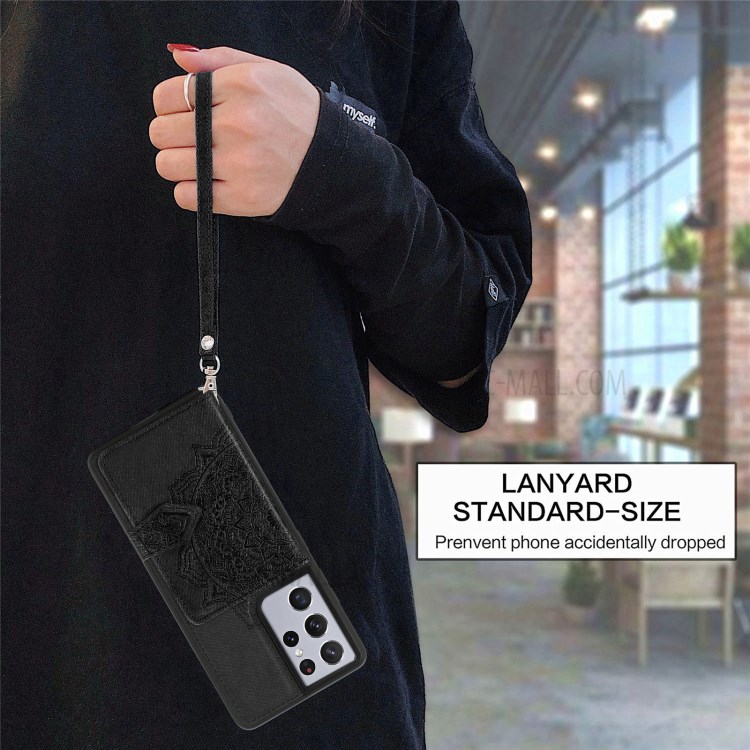 Mandala Pattern Imprinting Buckled Wallet Design PU Leather Coated TPU Phone Case for Samsung Galaxy S21 Ultra 5G - Black-4