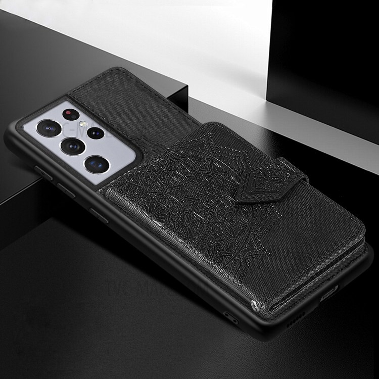 Mandala Pattern Imprinting Buckled Wallet Design PU Leather Coated TPU Phone Case for Samsung Galaxy S21 Ultra 5G - Black-5