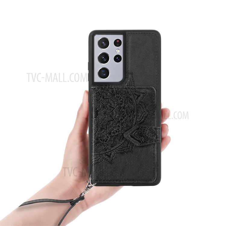 Mandala Pattern Imprinting Buckled Wallet Design PU Leather Coated TPU Phone Case for Samsung Galaxy S21 Ultra 5G - Black-7