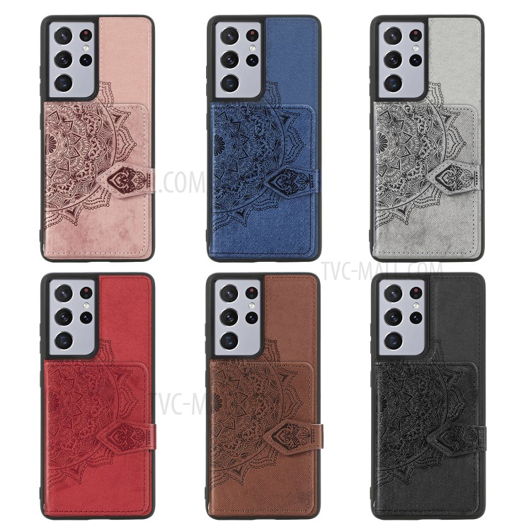 Mandala Pattern Imprinting Buckled Wallet Design PU Leather Coated TPU Phone Case for Samsung Galaxy S21 Ultra 5G - Black-8