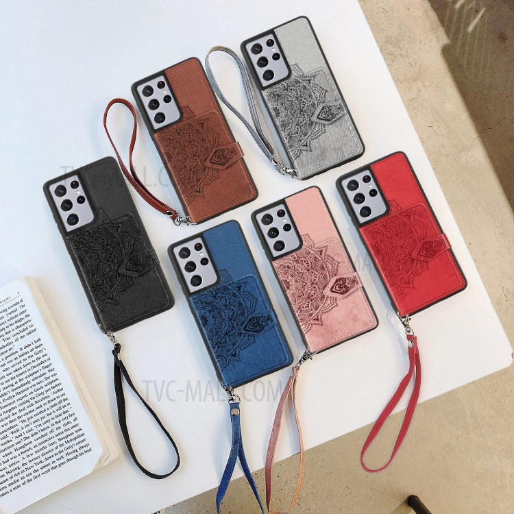 Mandala Pattern Imprinting Buckled Wallet Design PU Leather Coated TPU Phone Case for Samsung Galaxy S21 Ultra 5G - Black-9