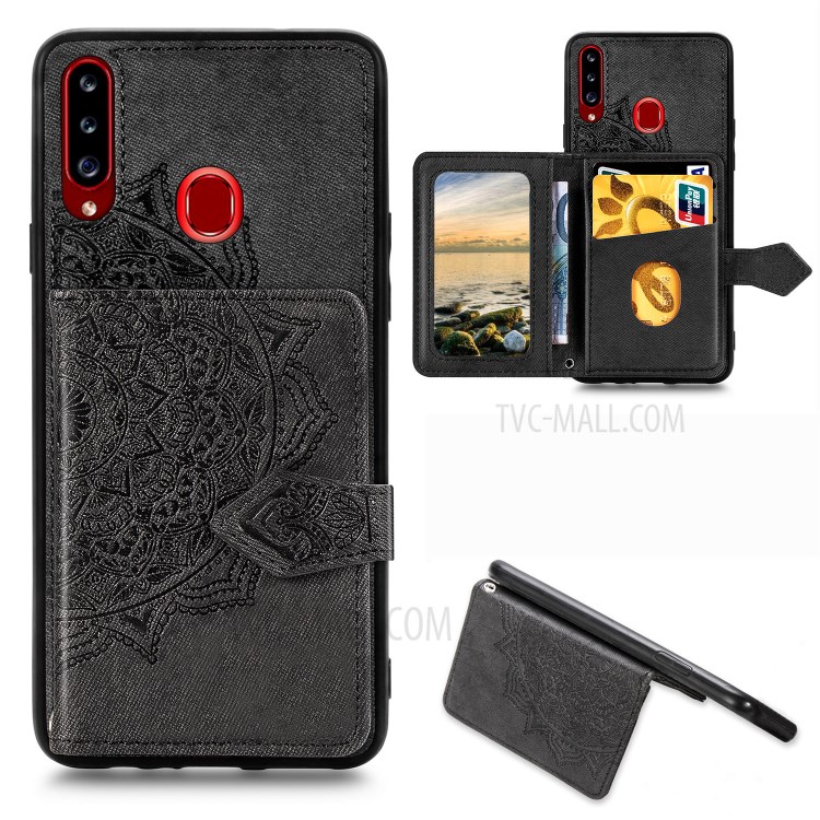 Mandala Pattern Imprinting PU Leather Coated TPU Phone Wallet Case with Strap + Kickstand for Samsung Galaxy A20s - Black-1