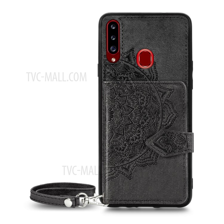 Mandala Pattern Imprinting PU Leather Coated TPU Phone Wallet Case with Strap + Kickstand for Samsung Galaxy A20s - Black-2