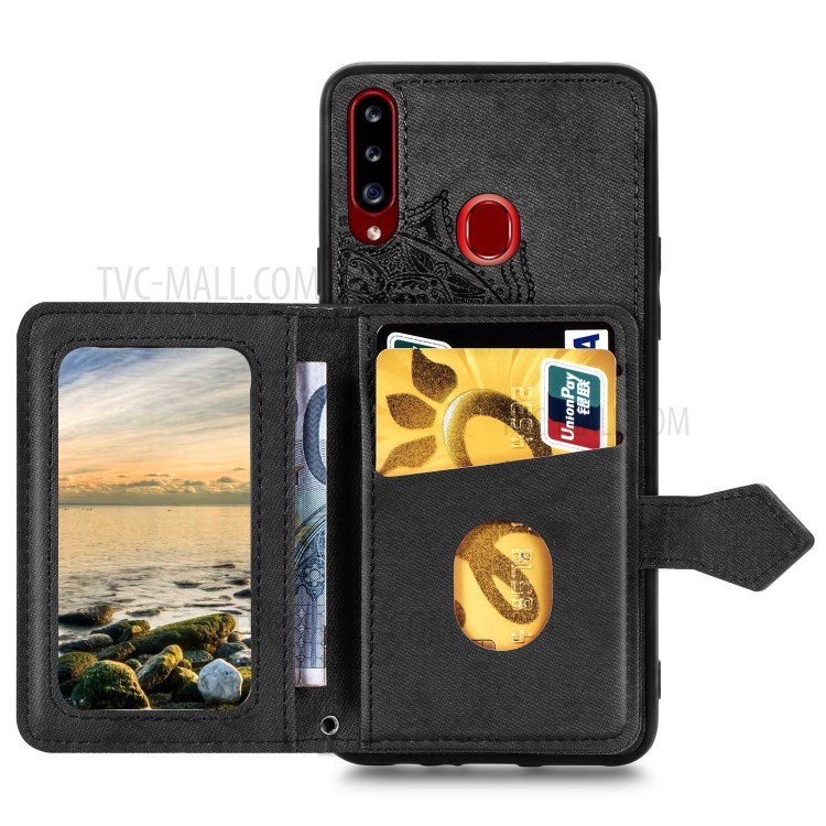 Mandala Pattern Imprinting PU Leather Coated TPU Phone Wallet Case with Strap + Kickstand for Samsung Galaxy A20s - Black-3