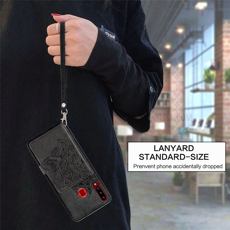 Mandala Pattern Imprinting PU Leather Coated TPU Phone Wallet Case with Strap + Kickstand for Samsung Galaxy A20s - Black-4