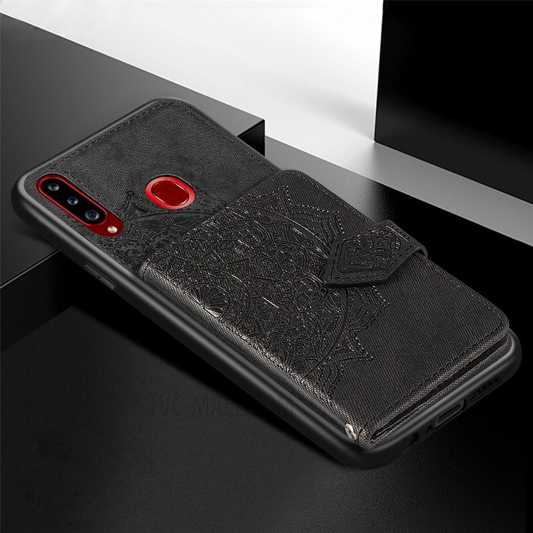 Mandala Pattern Imprinting PU Leather Coated TPU Phone Wallet Case with Strap + Kickstand for Samsung Galaxy A20s - Black-5