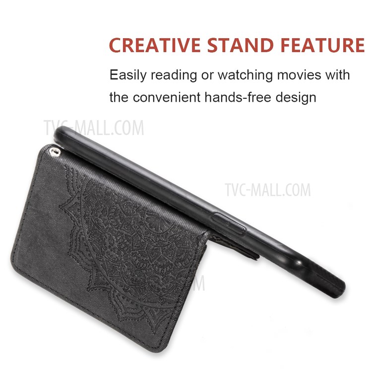 Mandala Pattern Imprinting PU Leather Coated TPU Phone Wallet Case with Strap + Kickstand for Samsung Galaxy A20s - Black-6