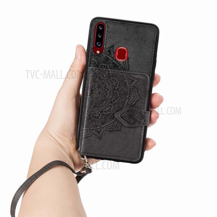 Mandala Pattern Imprinting PU Leather Coated TPU Phone Wallet Case with Strap + Kickstand for Samsung Galaxy A20s - Black-7