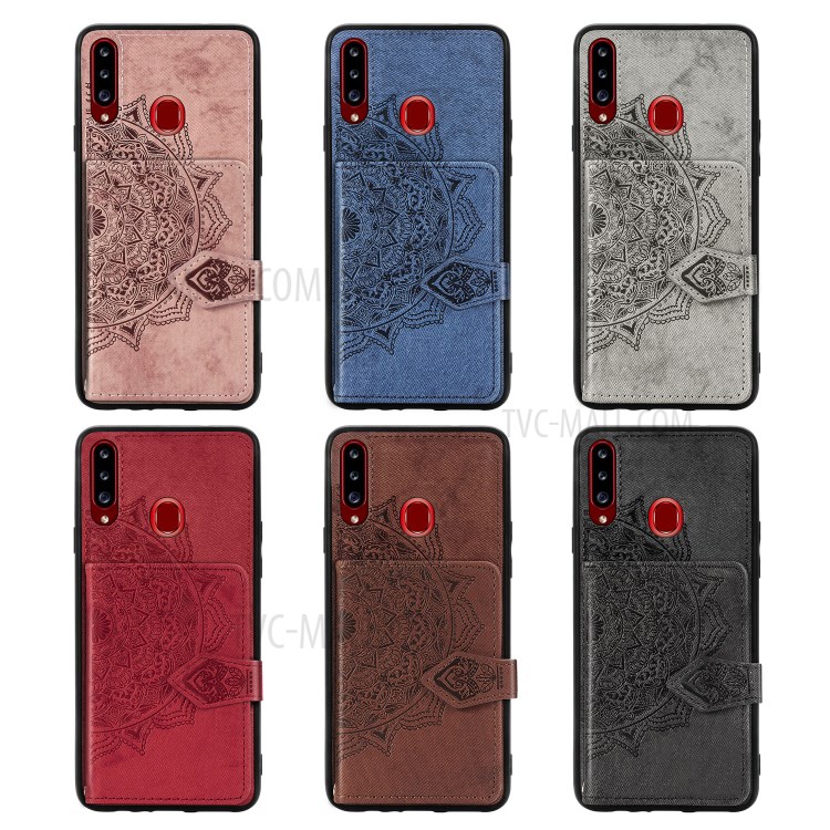 Mandala Pattern Imprinting PU Leather Coated TPU Phone Wallet Case with Strap + Kickstand for Samsung Galaxy A20s - Black-8