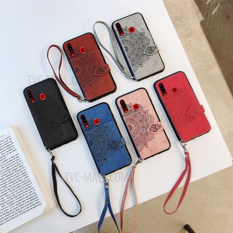 Mandala Pattern Imprinting PU Leather Coated TPU Phone Wallet Case with Strap + Kickstand for Samsung Galaxy A20s - Black-9