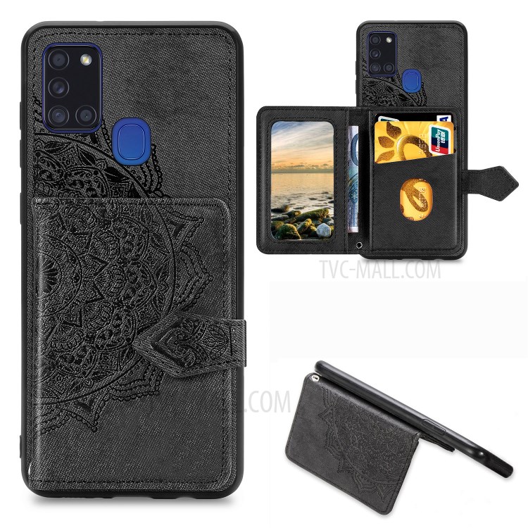 Mandala Pattern Imprinting Design PU Leather Coated TPU Phone Case with Buckled Wallet and Kickstand for Samsung Galaxy A21s - Black-1