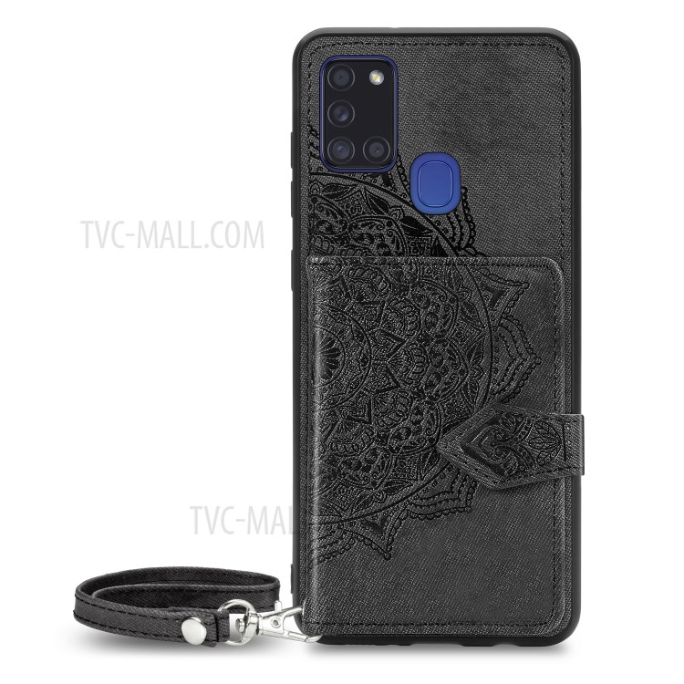Mandala Pattern Imprinting Design PU Leather Coated TPU Phone Case with Buckled Wallet and Kickstand for Samsung Galaxy A21s - Black-2