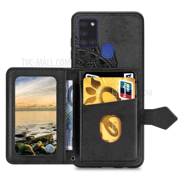 Mandala Pattern Imprinting Design PU Leather Coated TPU Phone Case with Buckled Wallet and Kickstand for Samsung Galaxy A21s - Black-3