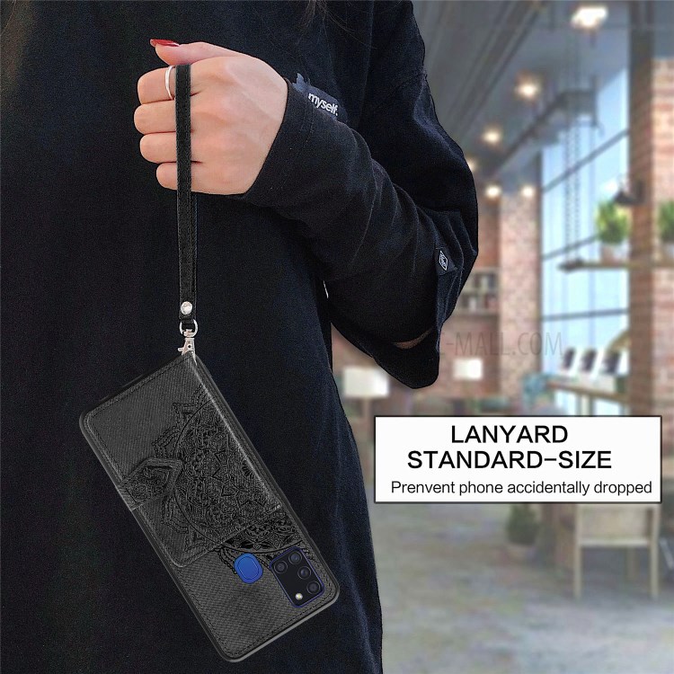Mandala Pattern Imprinting Design PU Leather Coated TPU Phone Case with Buckled Wallet and Kickstand for Samsung Galaxy A21s - Black-4