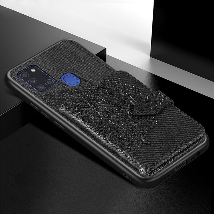 Mandala Pattern Imprinting Design PU Leather Coated TPU Phone Case with Buckled Wallet and Kickstand for Samsung Galaxy A21s - Black-5
