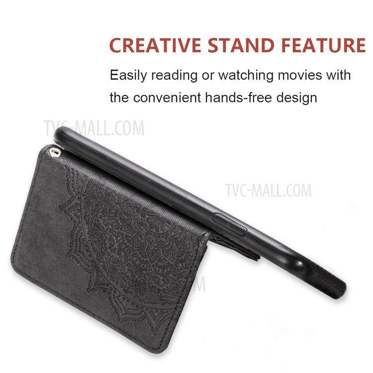 Mandala Pattern Imprinting Design PU Leather Coated TPU Phone Case with Buckled Wallet and Kickstand for Samsung Galaxy A21s - Black-6