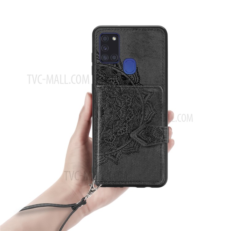 Mandala Pattern Imprinting Design PU Leather Coated TPU Phone Case with Buckled Wallet and Kickstand for Samsung Galaxy A21s - Black-7