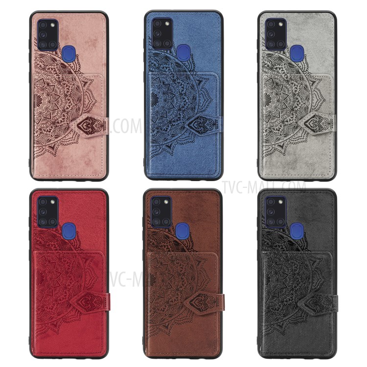 Mandala Pattern Imprinting Design PU Leather Coated TPU Phone Case with Buckled Wallet and Kickstand for Samsung Galaxy A21s - Black-8