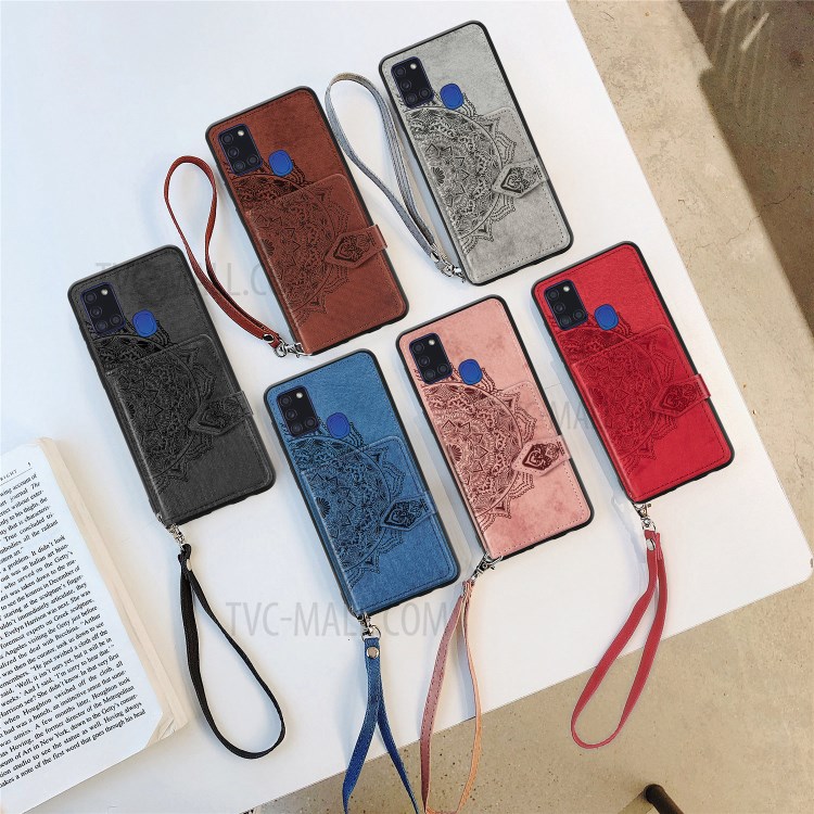 Mandala Pattern Imprinting Design PU Leather Coated TPU Phone Case with Buckled Wallet and Kickstand for Samsung Galaxy A21s - Black-9