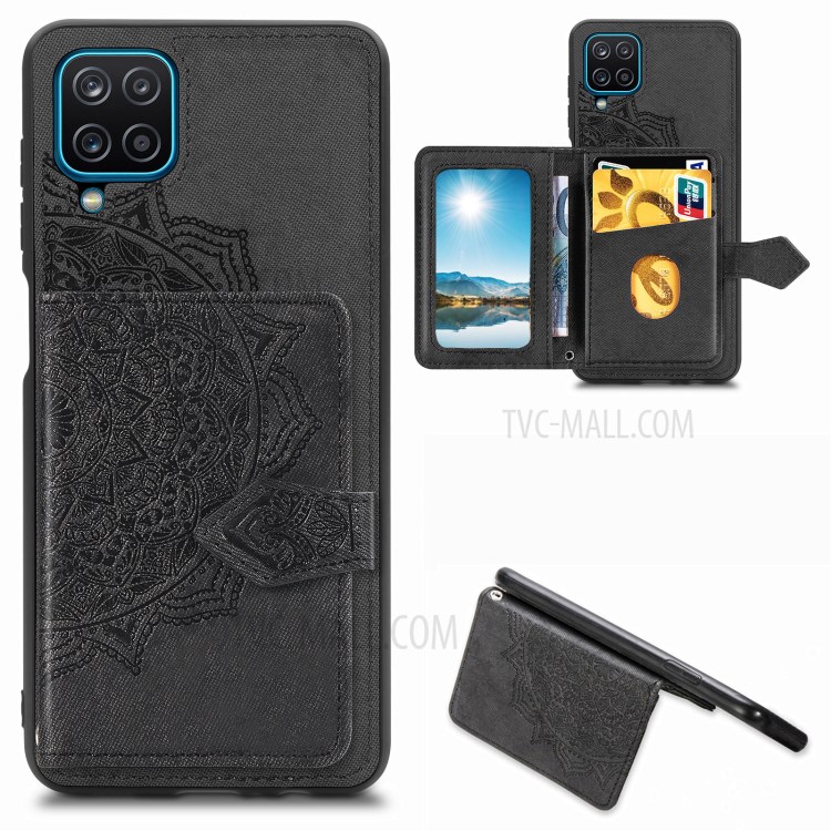 Mandala Pattern Imprinting PU Leather Coated TPU Phone Buckled Wallet Design Case with Kickstand and Strap for Samsung Galaxy A12 - Black-1