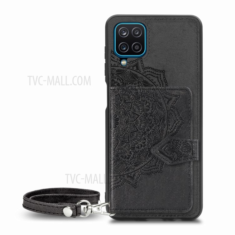 Mandala Pattern Imprinting PU Leather Coated TPU Phone Buckled Wallet Design Case with Kickstand and Strap for Samsung Galaxy A12 - Black-2