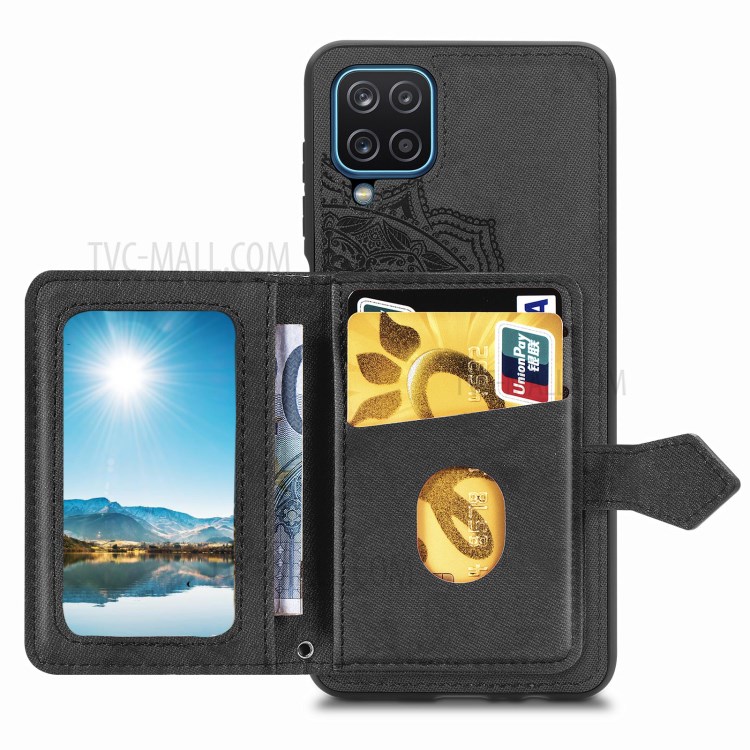 Mandala Pattern Imprinting PU Leather Coated TPU Phone Buckled Wallet Design Case with Kickstand and Strap for Samsung Galaxy A12 - Black-3