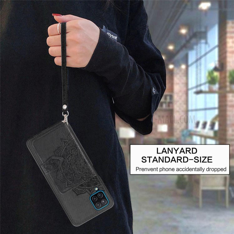 Mandala Pattern Imprinting PU Leather Coated TPU Phone Buckled Wallet Design Case with Kickstand and Strap for Samsung Galaxy A12 - Black-4