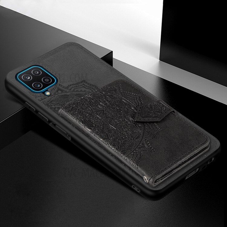Mandala Pattern Imprinting PU Leather Coated TPU Phone Buckled Wallet Design Case with Kickstand and Strap for Samsung Galaxy A12 - Black-5