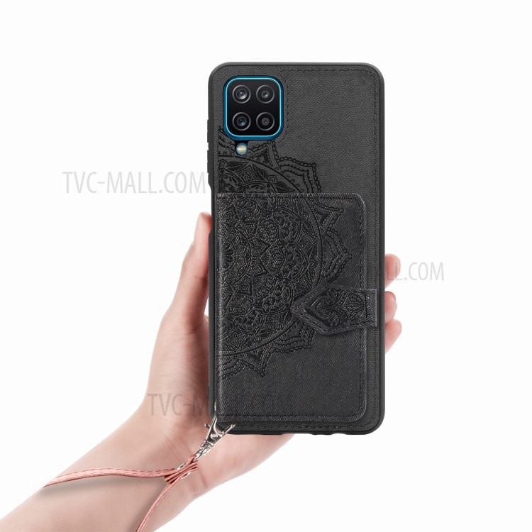 Mandala Pattern Imprinting PU Leather Coated TPU Phone Buckled Wallet Design Case with Kickstand and Strap for Samsung Galaxy A12 - Black-7