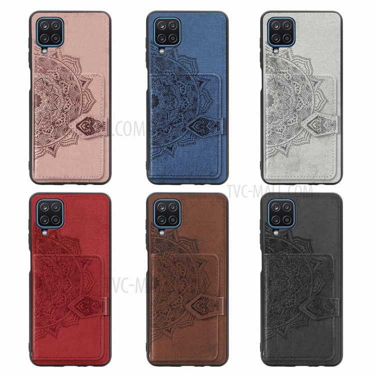 Mandala Pattern Imprinting PU Leather Coated TPU Phone Buckled Wallet Design Case with Kickstand and Strap for Samsung Galaxy A12 - Black-8
