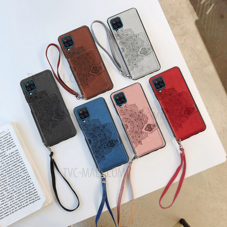 Mandala Pattern Imprinting PU Leather Coated TPU Phone Buckled Wallet Design Case with Kickstand and Strap for Samsung Galaxy A12 - Black-9