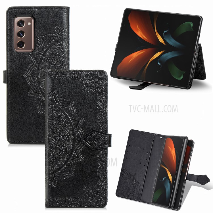 Embossed Mandala Flower PU Leather Case Wallet for Samsung Galaxy Z Fold2 5G - Black-1