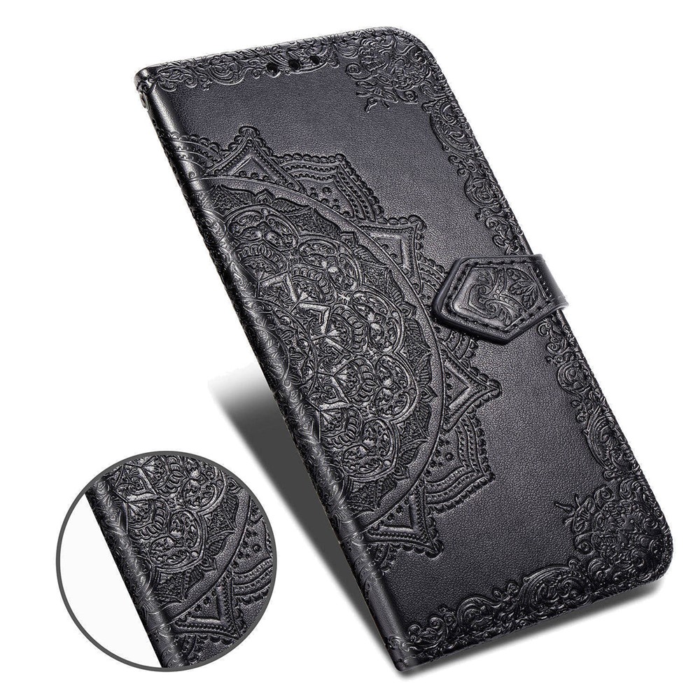 Portafoglio Per la Custodia in Pelle di Fiore Mandala in Rilievo Per Samsung Galaxy A02s (164.2x75.9x9.1mm) - Nero