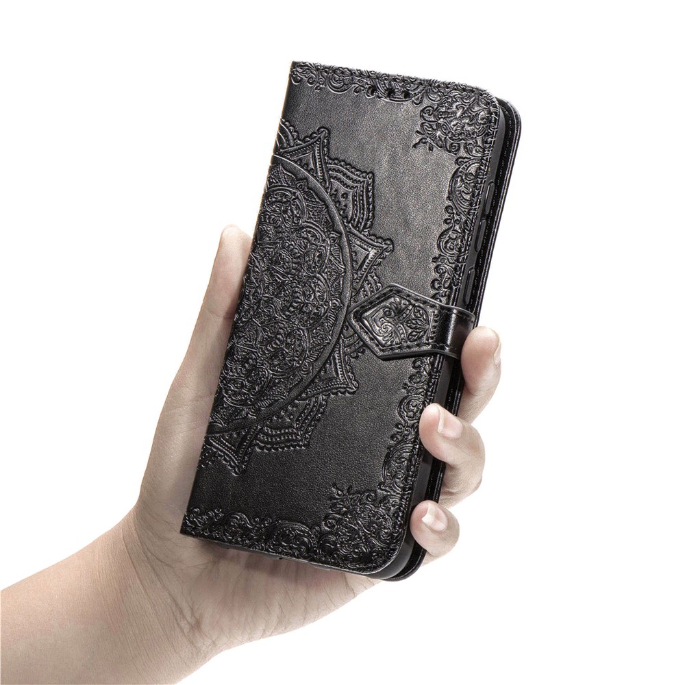 Geprägte Mandala Blume PU Leder Hülle Wallet Für Samsung Galaxy A02s (164,2x75.9x9.1mm) - Schwarz