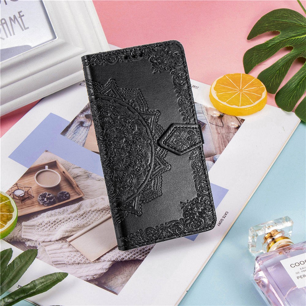 Carteira de Suporte de Couro de Flor PU de Mandala Flower em Relevo Para a Samsung Galaxy A02s (164.2x75.9x9.1mm) - Preto