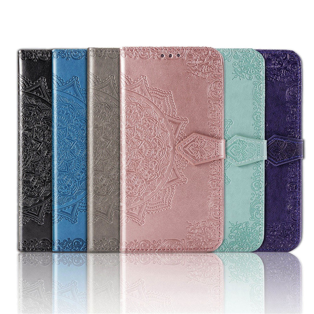 Geprägte Mandala Blume PU Leder Hülle Wallet Für Samsung Galaxy A02s (164,2x75.9x9.1mm) - Schwarz