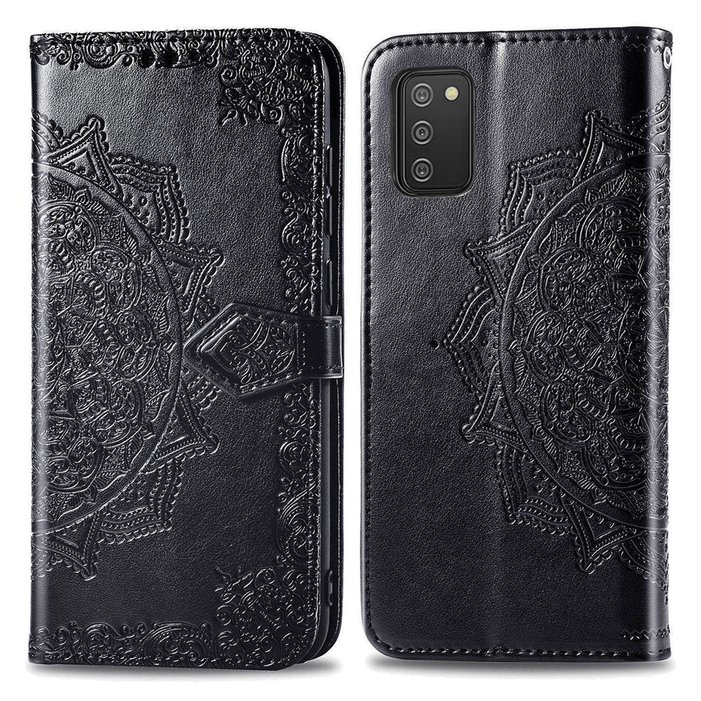 Carteira de Suporte de Couro de Flor PU de Mandala Flower em Relevo Para a Samsung Galaxy A02s (164.2x75.9x9.1mm) - Preto