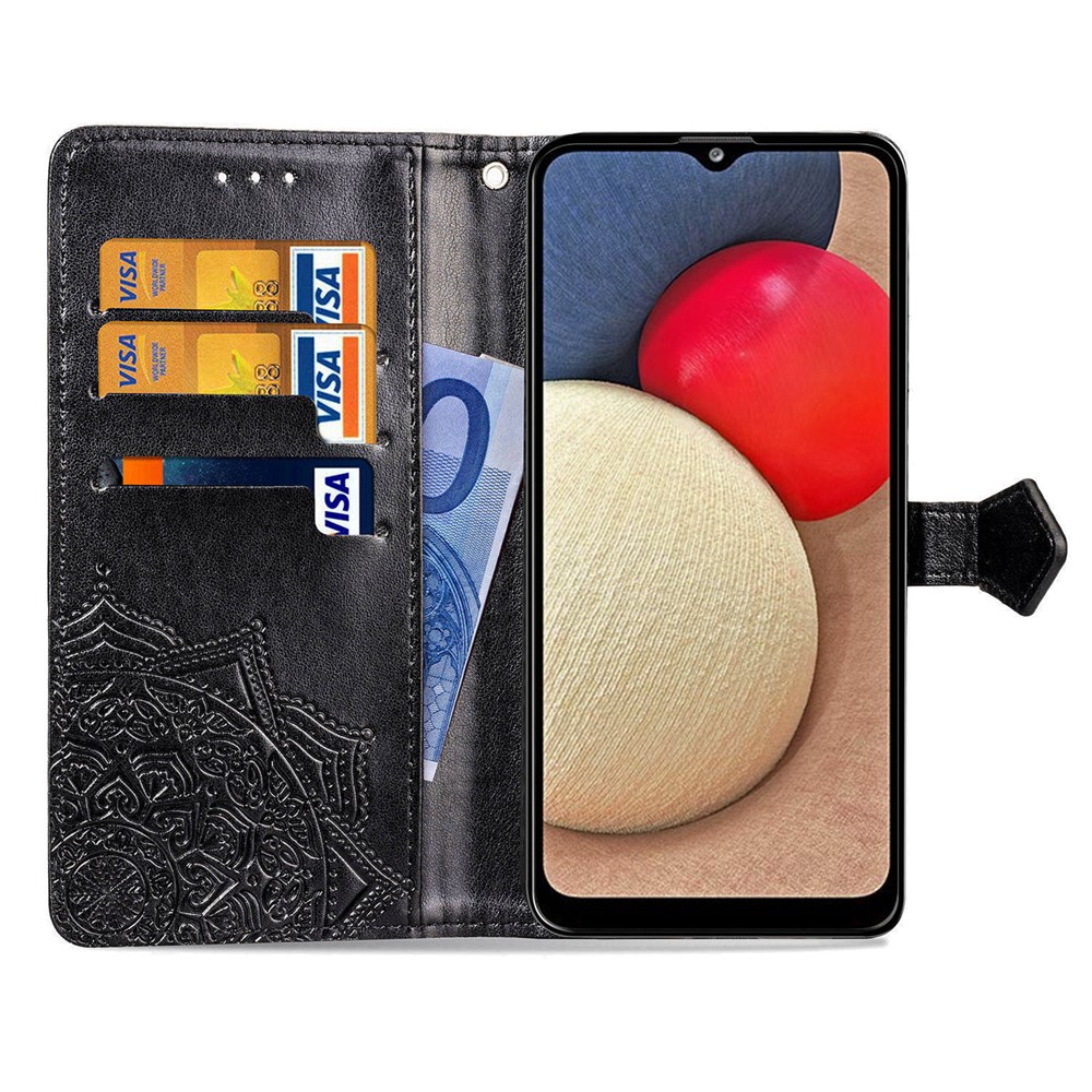 Embossed Mandala Flower PU Leather Case Stand Wallet for Samsung Galaxy A02s (EU Version) - Black-6