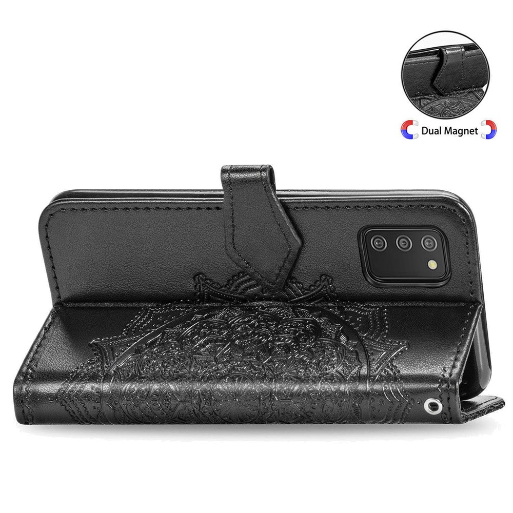 Billetera de Estanque de Cuero de Mandala de Mandala en Relieve Para Samsung Galaxy A02s (164.2x75.9x9.1 Mm) - Negro