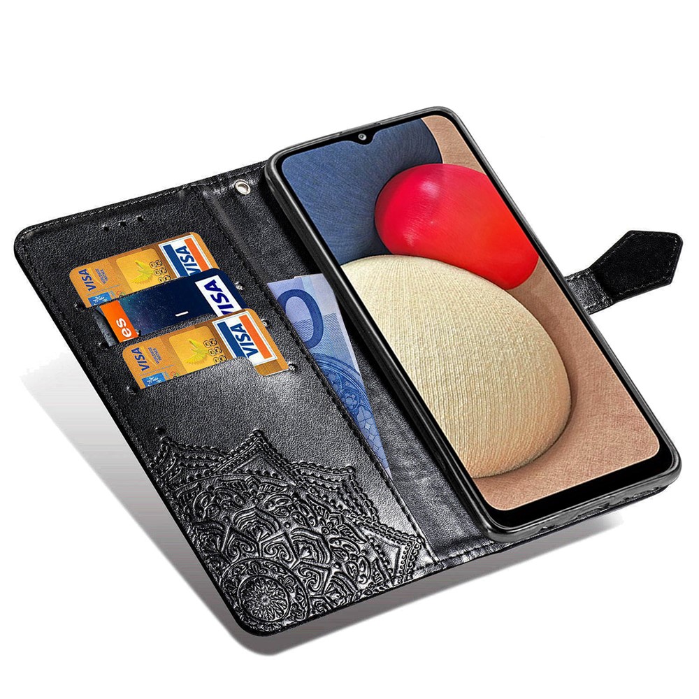 Embossed Mandala Flower PU Leather Case Stand Wallet for Samsung Galaxy A02s (EU Version) - Black-9