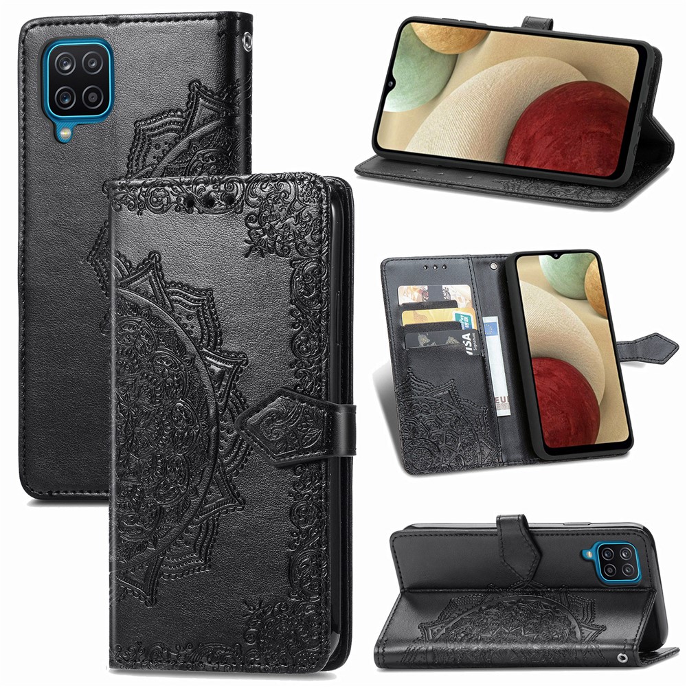 Embossed Mandala Flower PU Leather Case Wallet for Samsung Galaxy A12 - Black-1