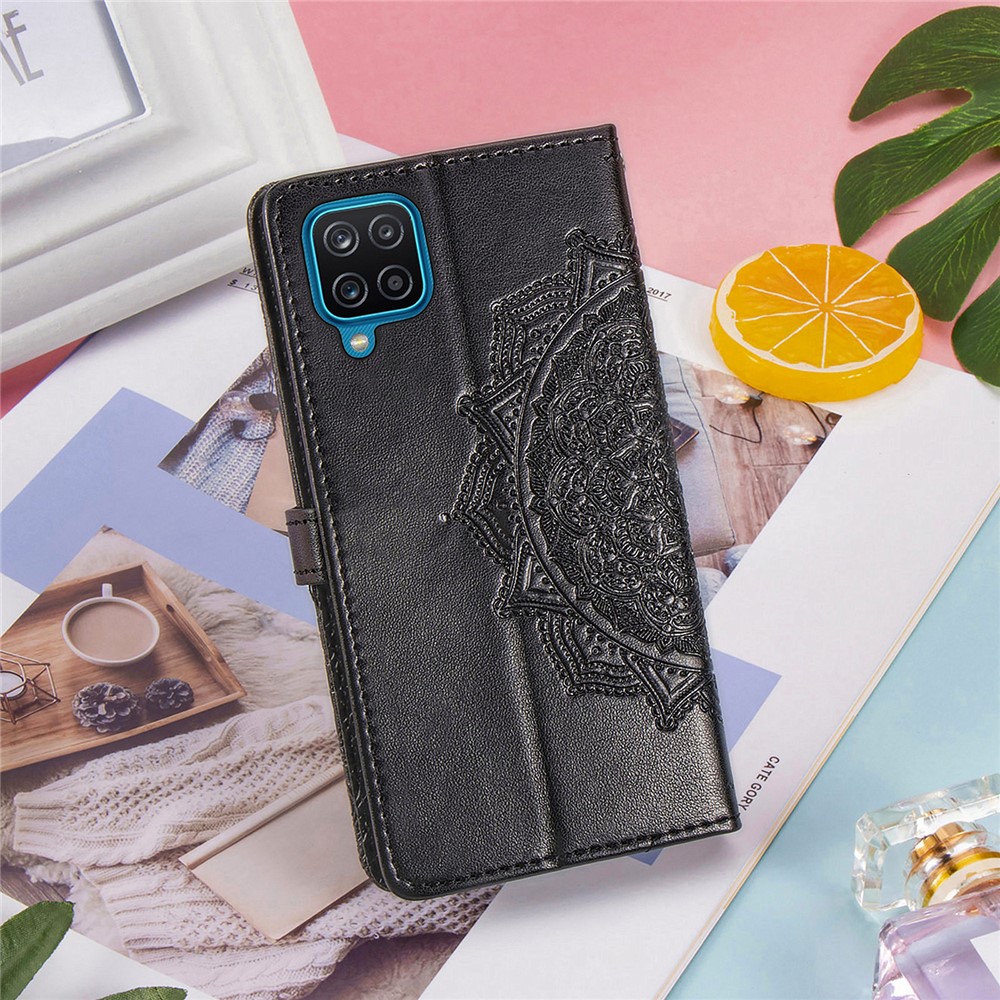 Embossed Mandala Flower PU Leather Case Wallet for Samsung Galaxy A12 - Black-14