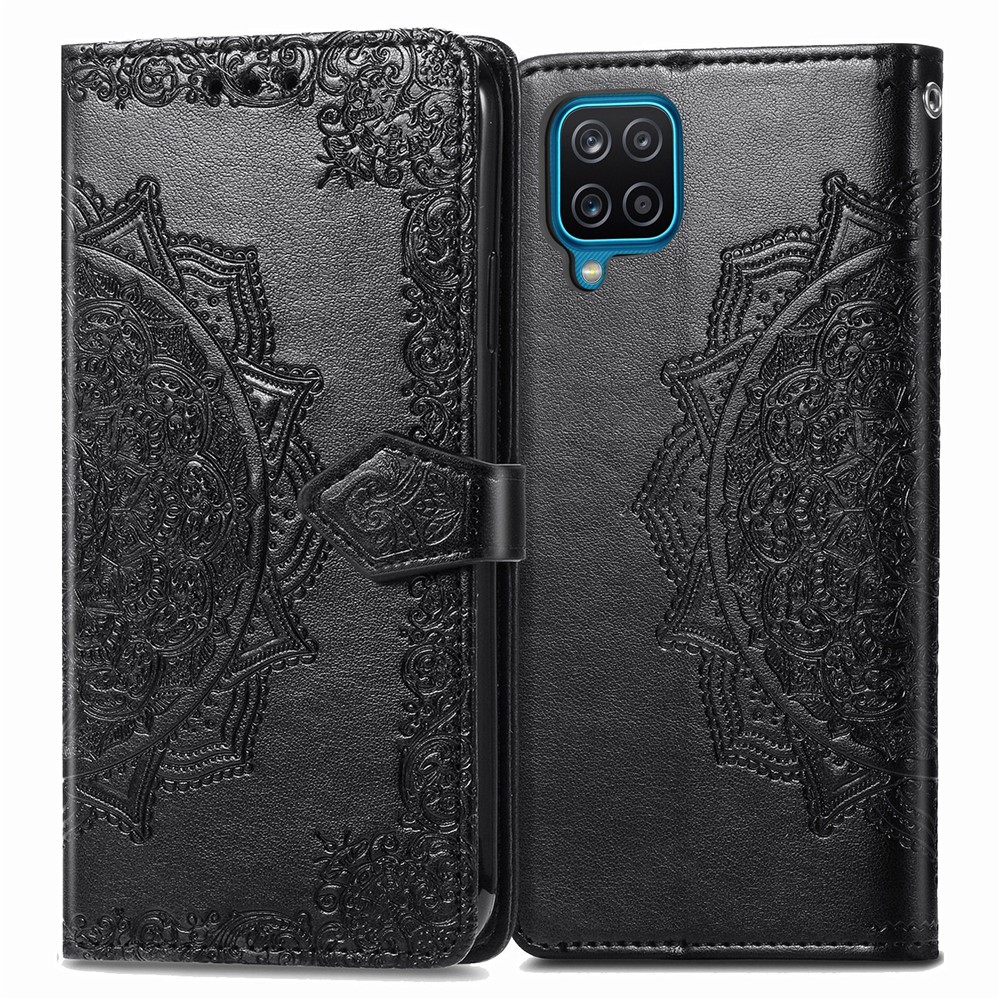 Embossed Mandala Flower PU Leather Case Wallet for Samsung Galaxy A12 - Black-2