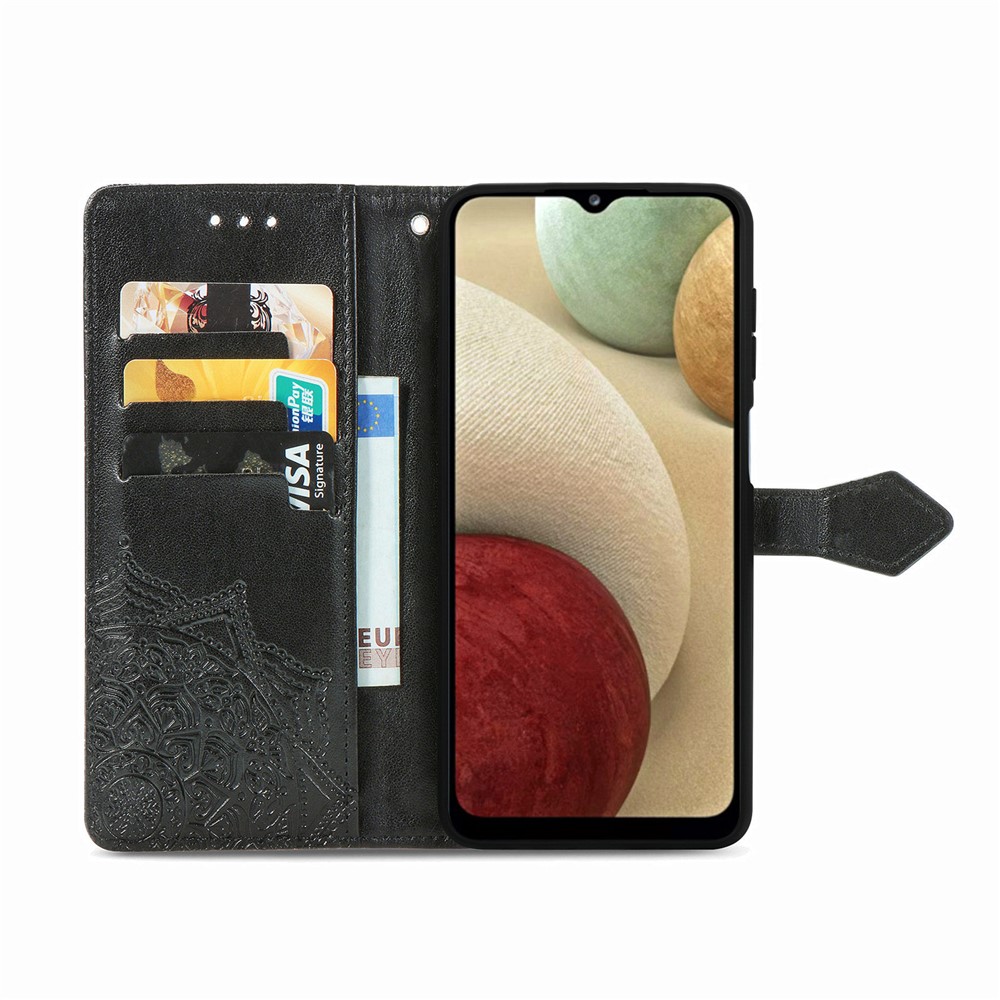 Embossed Mandala Flower PU Leather Case Wallet for Samsung Galaxy A12 - Black-5